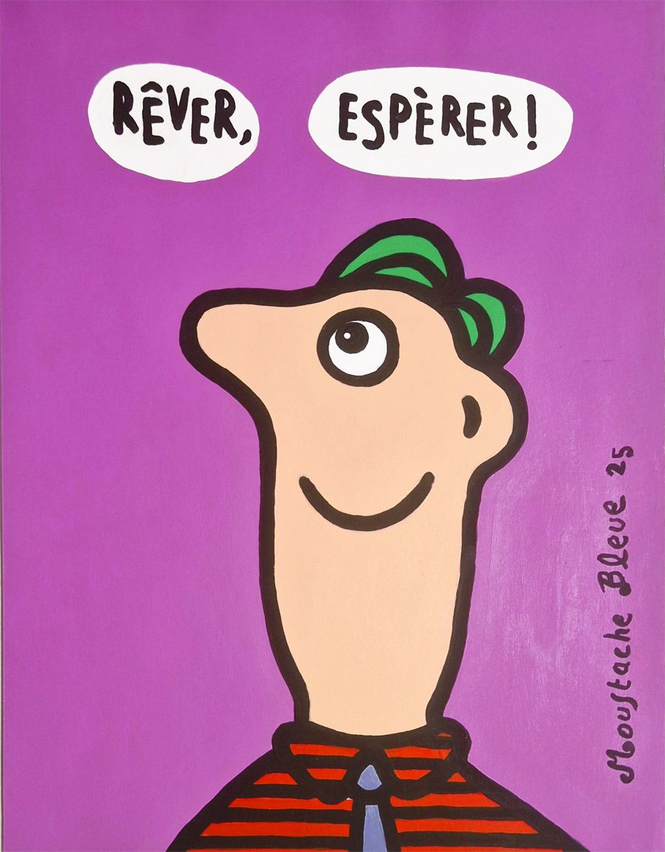 Dessin figuratif petit format violet Rêver espérer – MOUSTACHE BLEUE – 30 × 40 cm