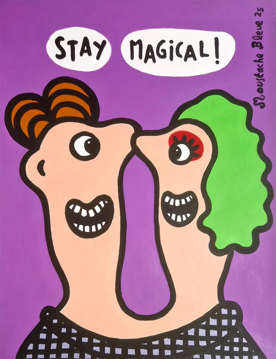 Dessin figuratif petit format violet Stay Magical – MOUSTACHE BLEUE – 30 × 40 cm
