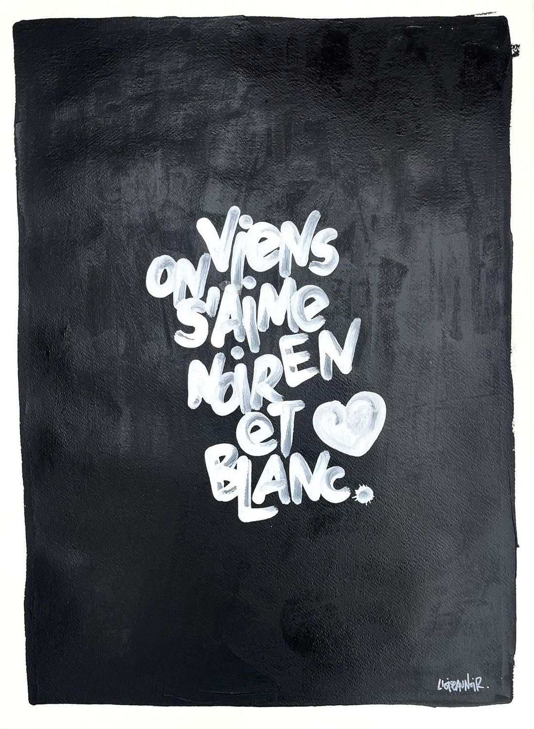 Dessin graphique moyen format blanc et noir On s'aime en noir et blanc – L'OISEAU NOIR – 56 × 77 cm