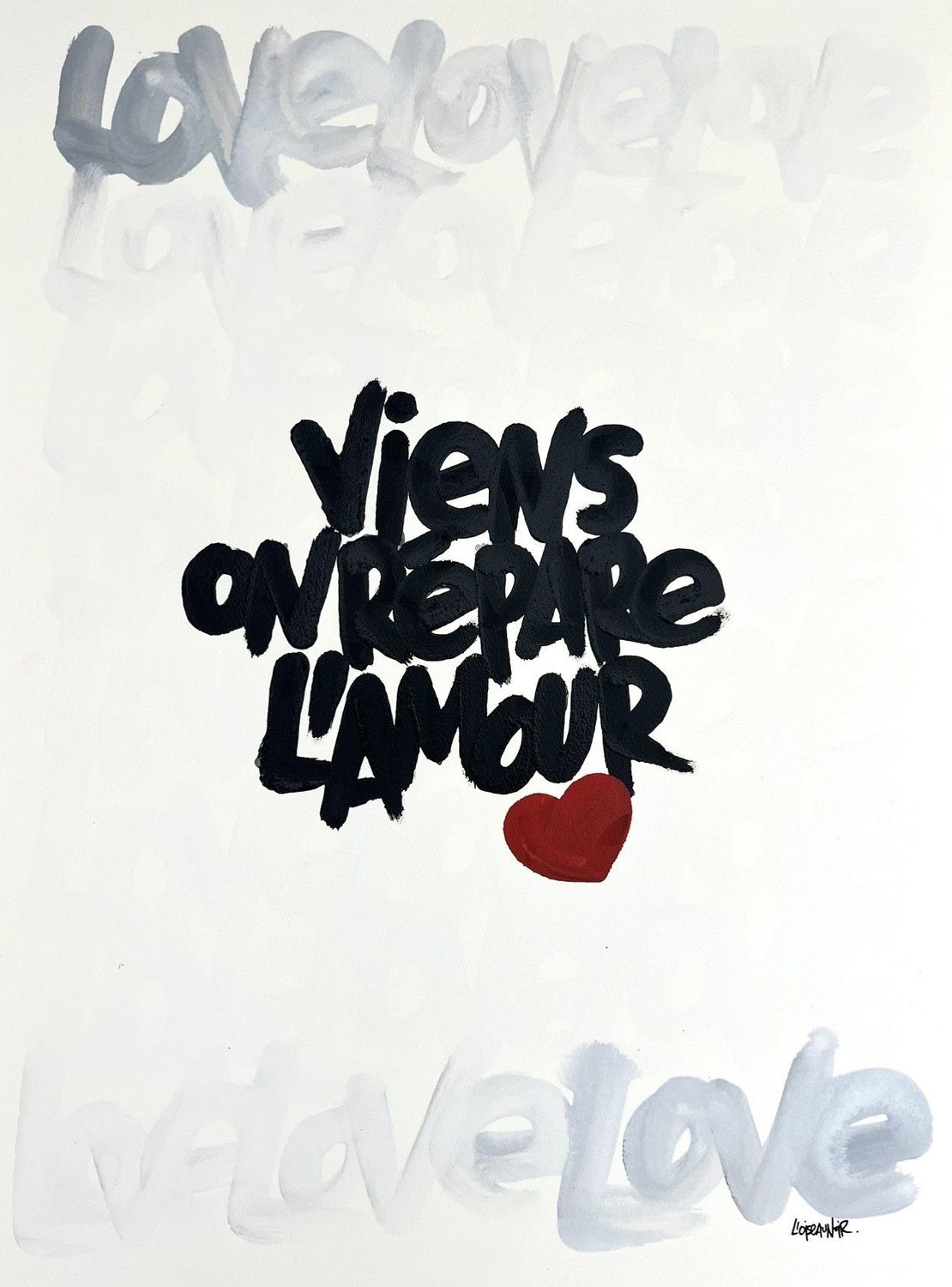 Dessin graphique moyen format Viens on repare l'amour – L'OISEAU NOIR – 56 × 77 cm