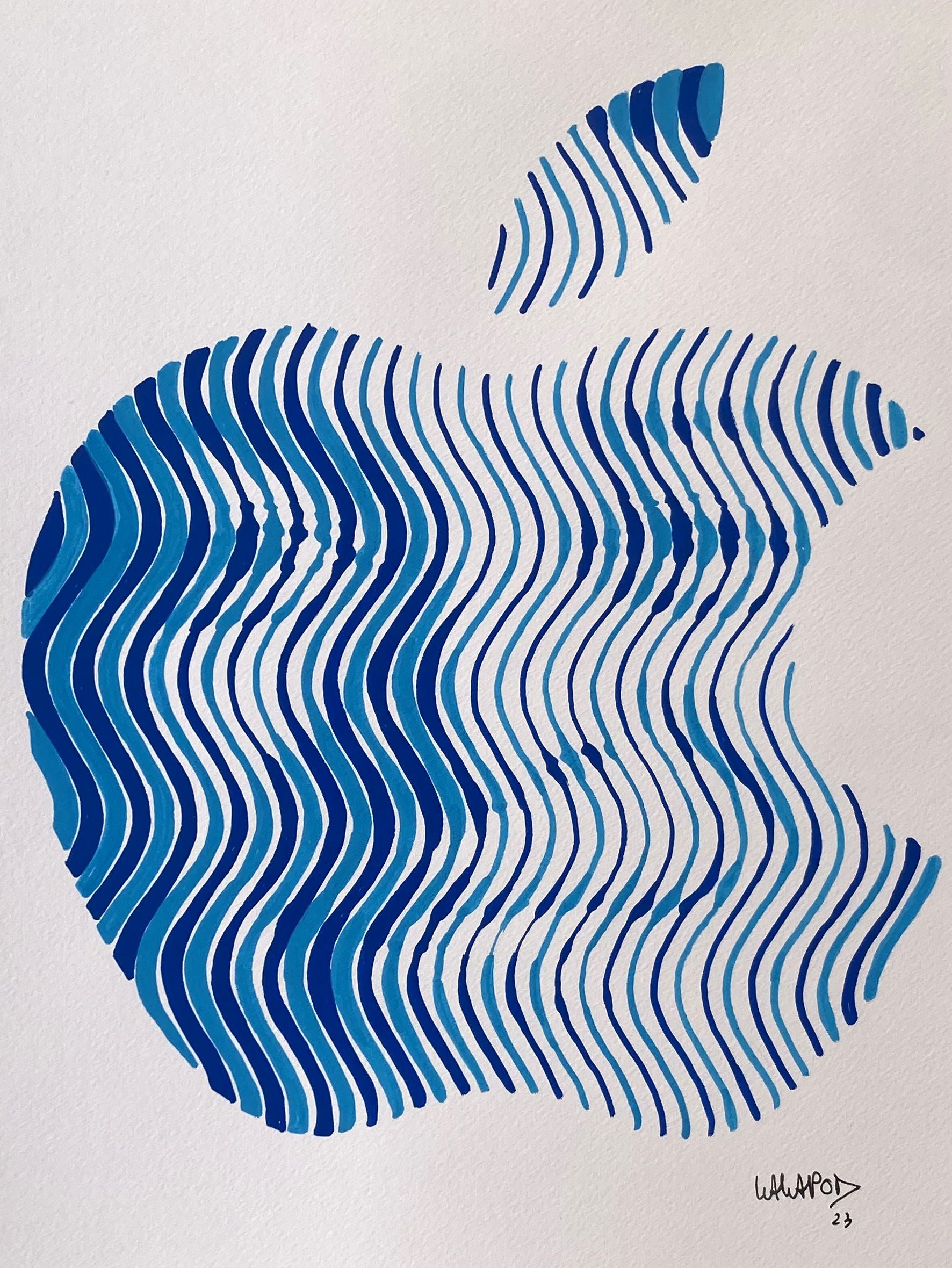 Dessin graphique petit format blanc et bleu Mbapple – WAWAPOD – 40 × 30 cm