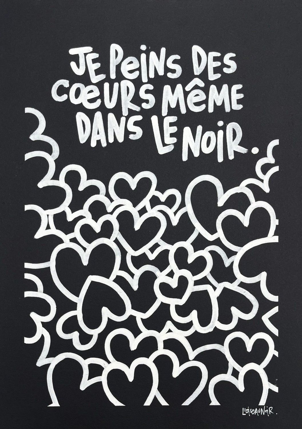 Dessin graphique petit format blanc et noir Même dans le noir – L'OISEAU NOIR – 30 × 40 cm