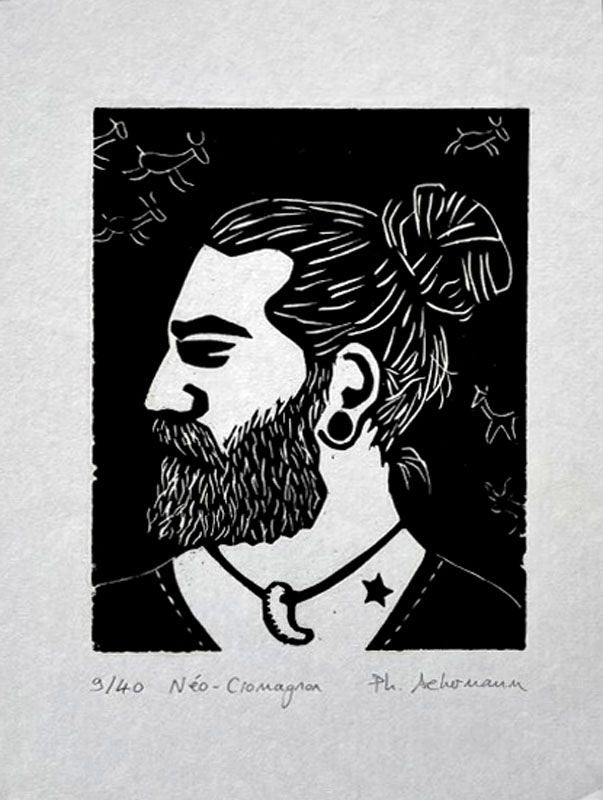 Dessin graphique petit format blanc et noir NEO CROMAGNON – PHILIPPE ACHERMANN – 24 × 19 cm