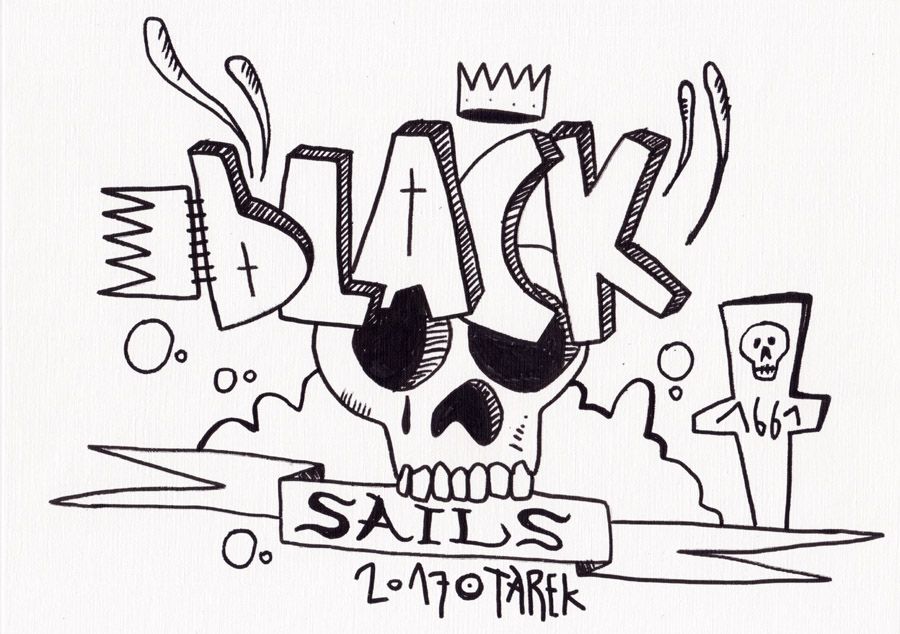 Dessin graphique petit format blanc et noir BLACK SAILS – TAREK – 7 × 21 cm