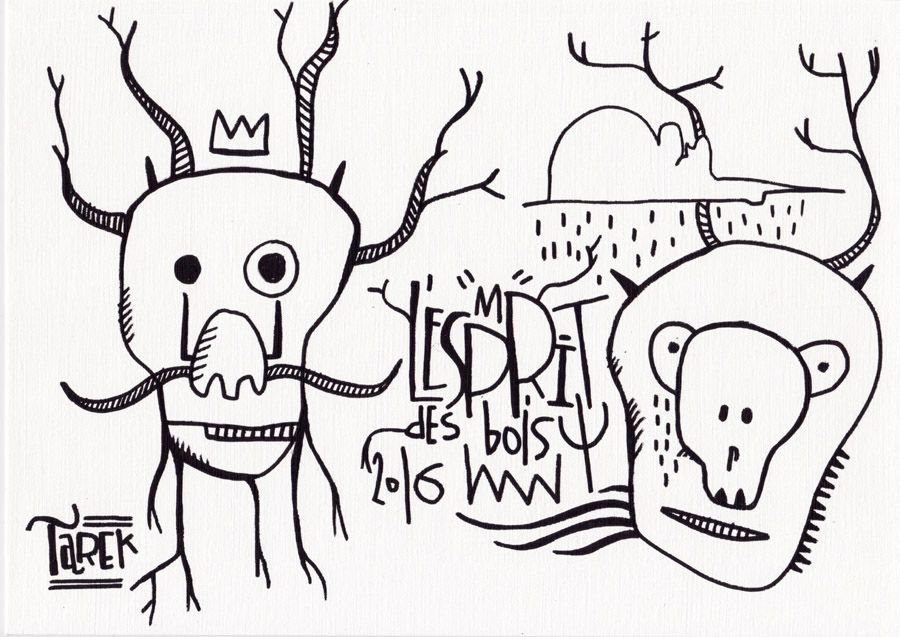 Dessin graphique petit format blanc et noir L'ESPRIT DES BOIS – TAREK – 7 × 21 cm