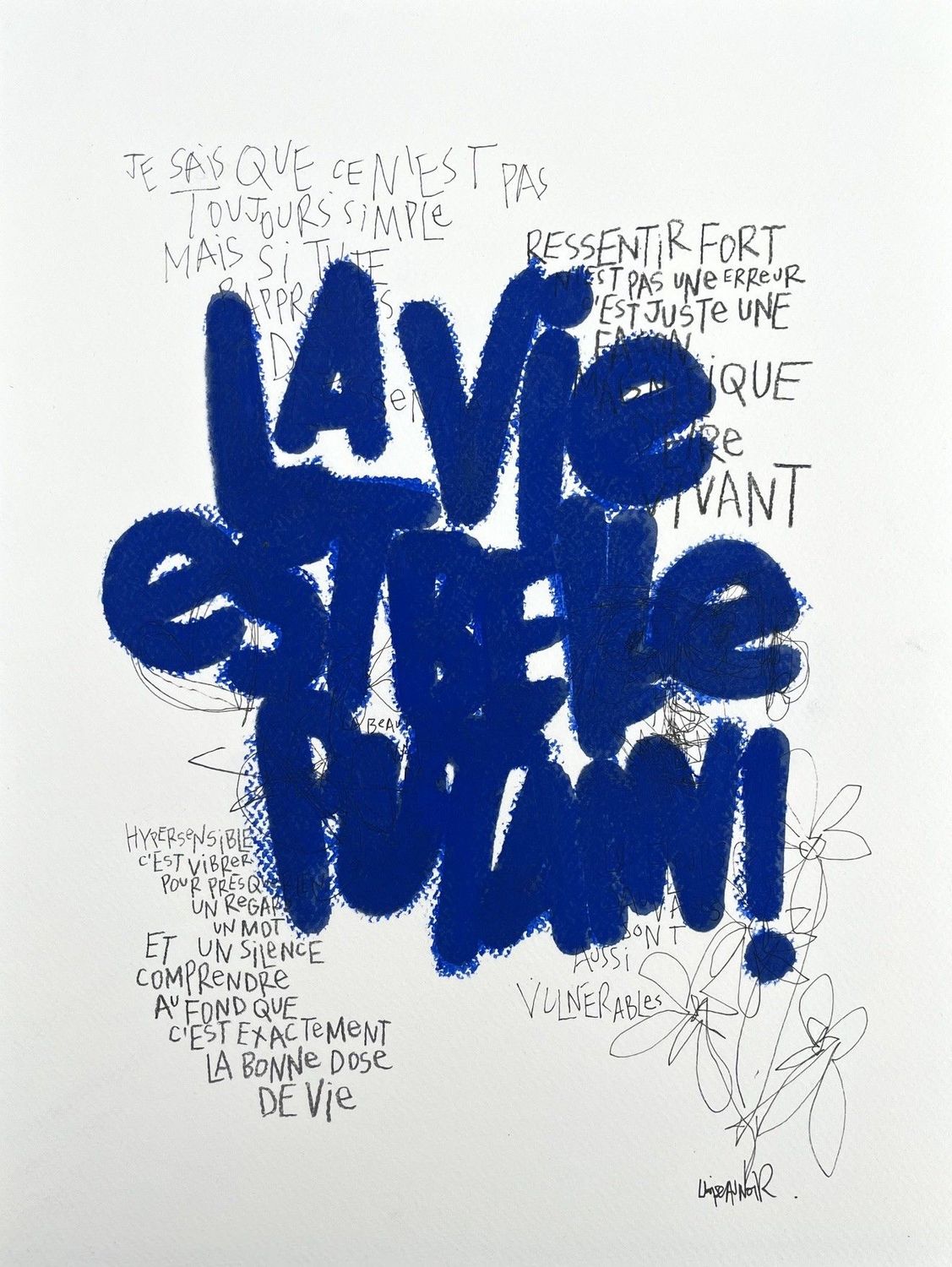 Dessin graphique petit format bleu et noir La bonne dose de vie – L'OISEAU NOIR – 30 × 40 cm