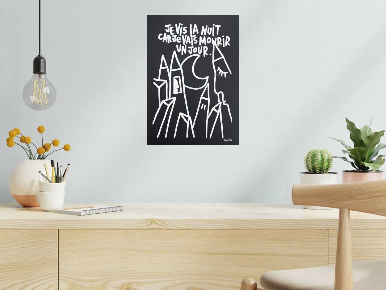 Dessin Je vis la nuit de L'OISEAU NOIR dans un intérieur – 29 × 42 cm