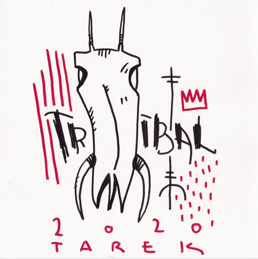 Dessin graphique petit format noir et rose TRIBAL – TAREK – 21 × 21 cm