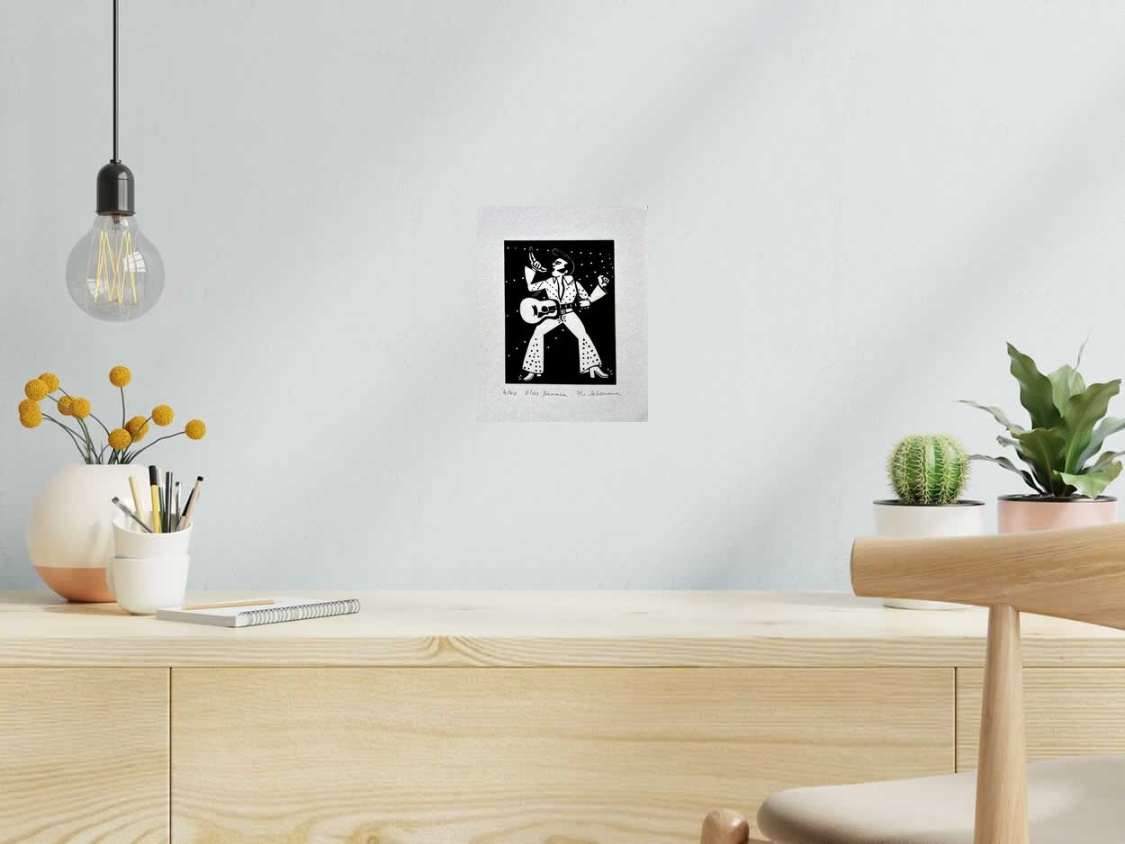 Dessin ELVIS BANANA de PHILIPPE ACHERMANN dans un intérieur – 24 × 19 cm