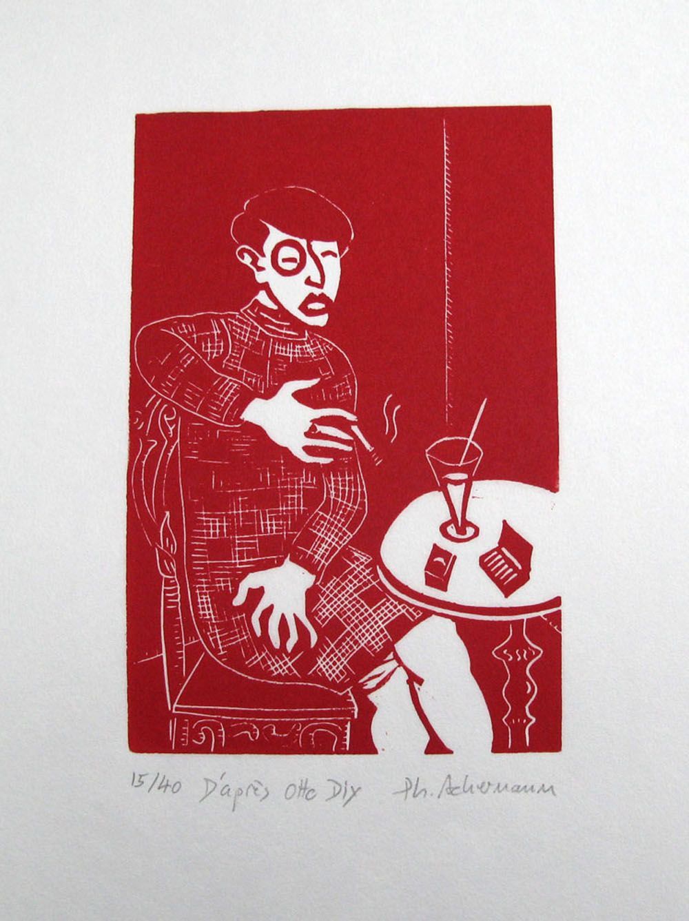 Dessin graphique petit format rouge D'APRES OTTO DIX – PHILIPPE ACHERMANN – 18 × 24 cm