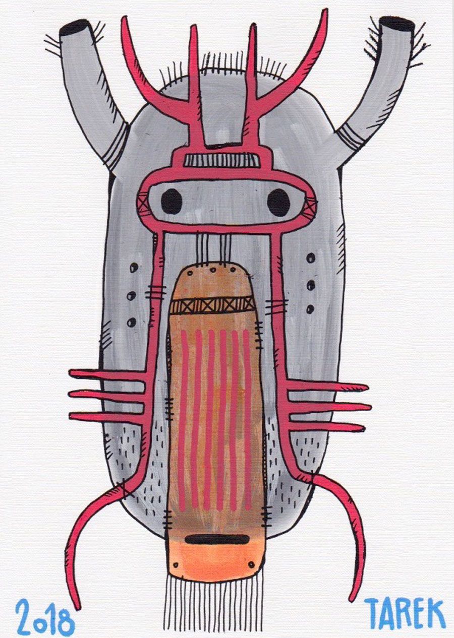Dessin graphique petit format GRAND MASQUE GRIS – TAREK – 30 × 21 cm