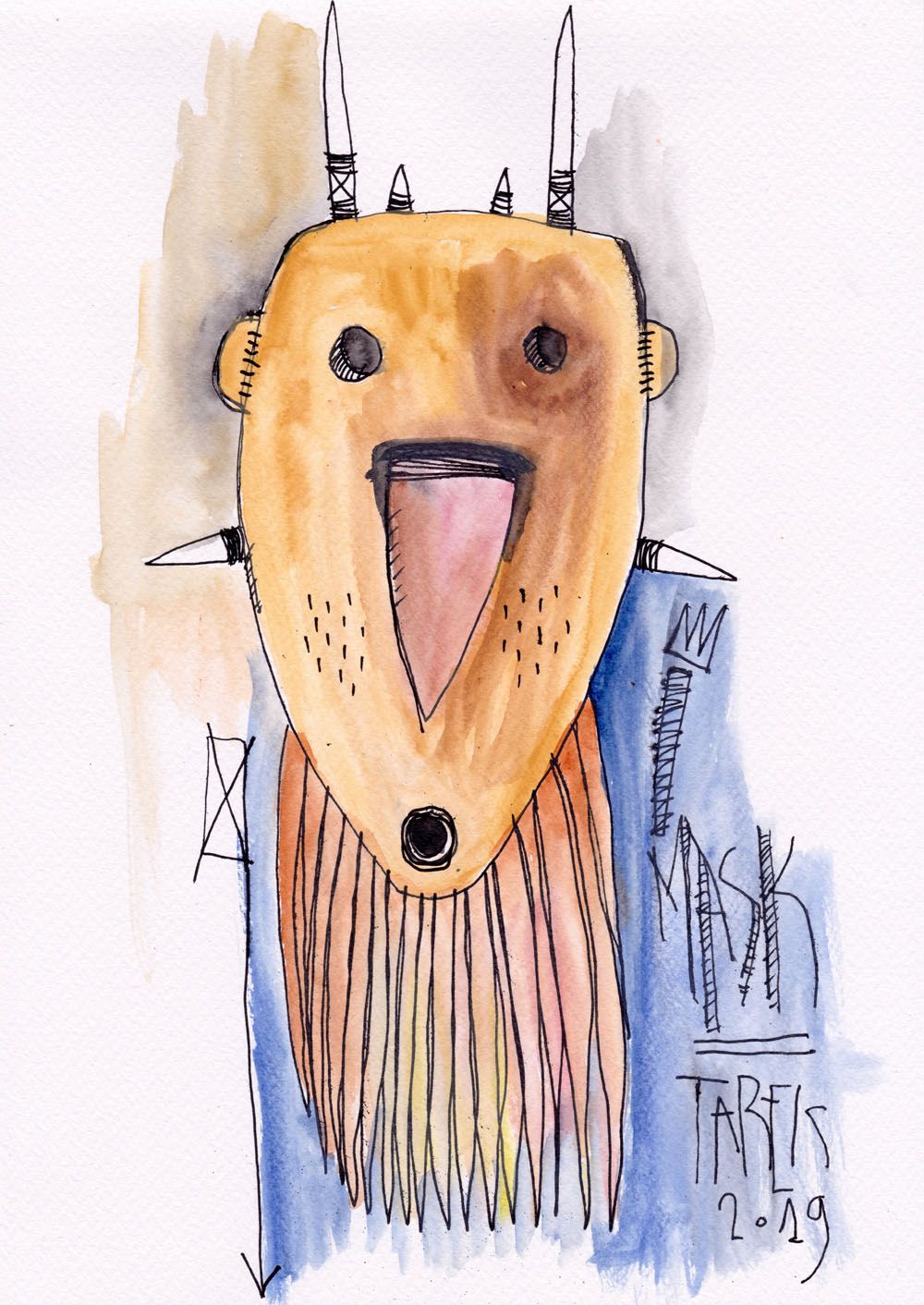 Dessin graphique petit format MASK MARRON 2 – TAREK – 7 × 21 cm