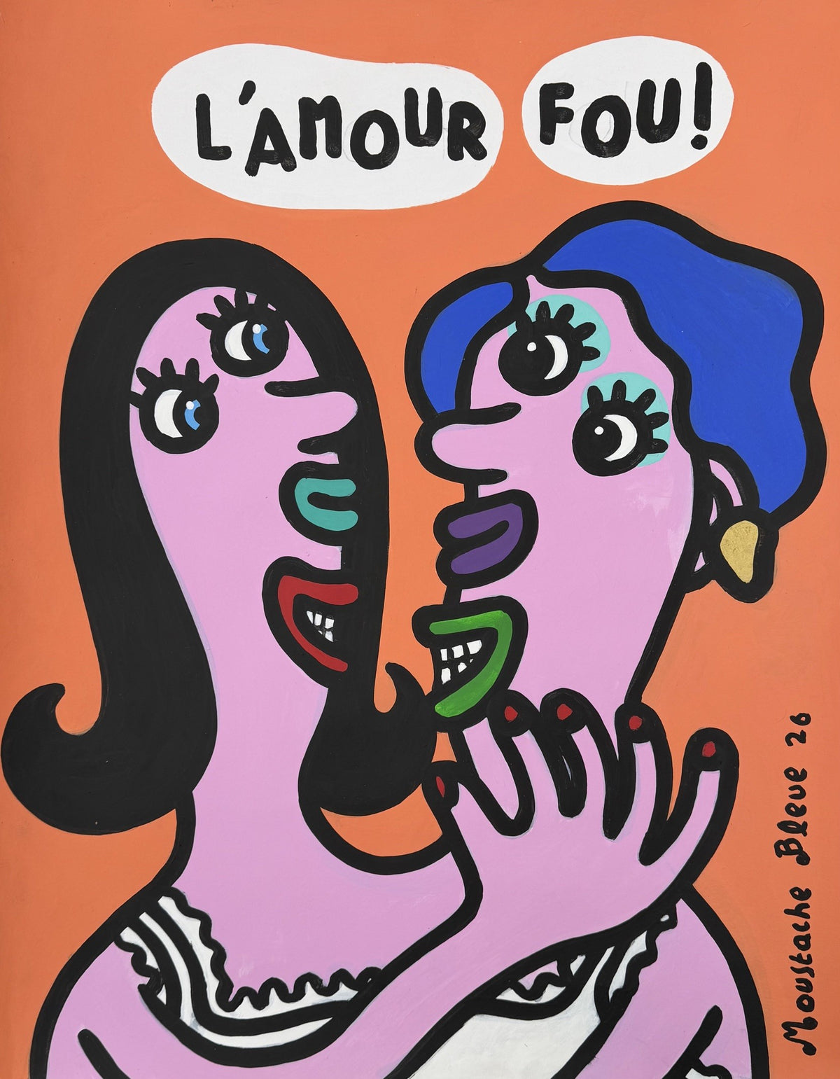 Dessin acrylique sur papier orange et rose de Moustache Bleue, L'amour fou !, 50 x 65 cm
