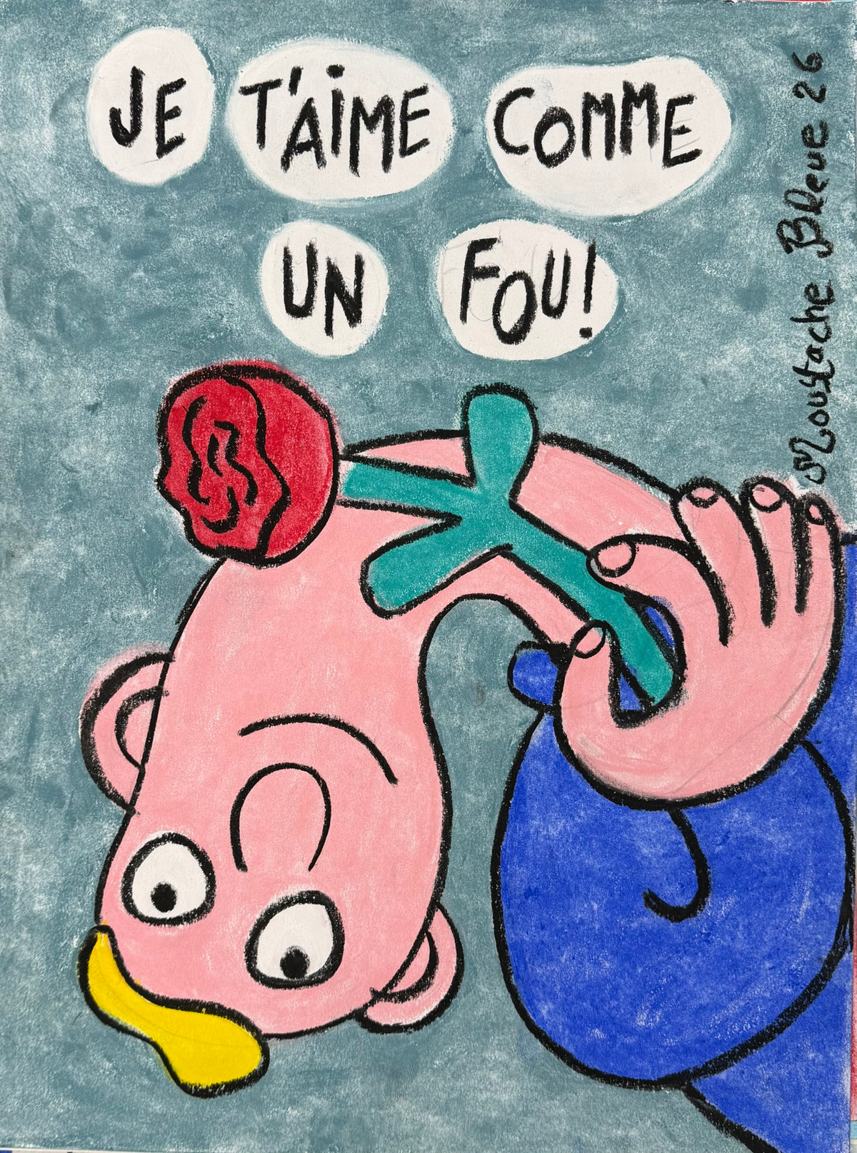 Dessin au pastel bleu de Moustache Bleue, petit format 30 x 40 cm, style illustration