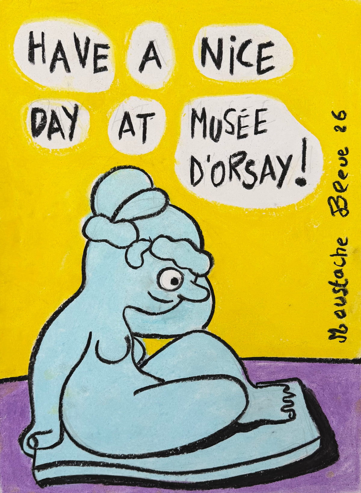 Dessin au pastel sur papier bleu et jaune de Moustache Bleue, intitulé Musée d'Orsay, petit format 30 x 40 cm
