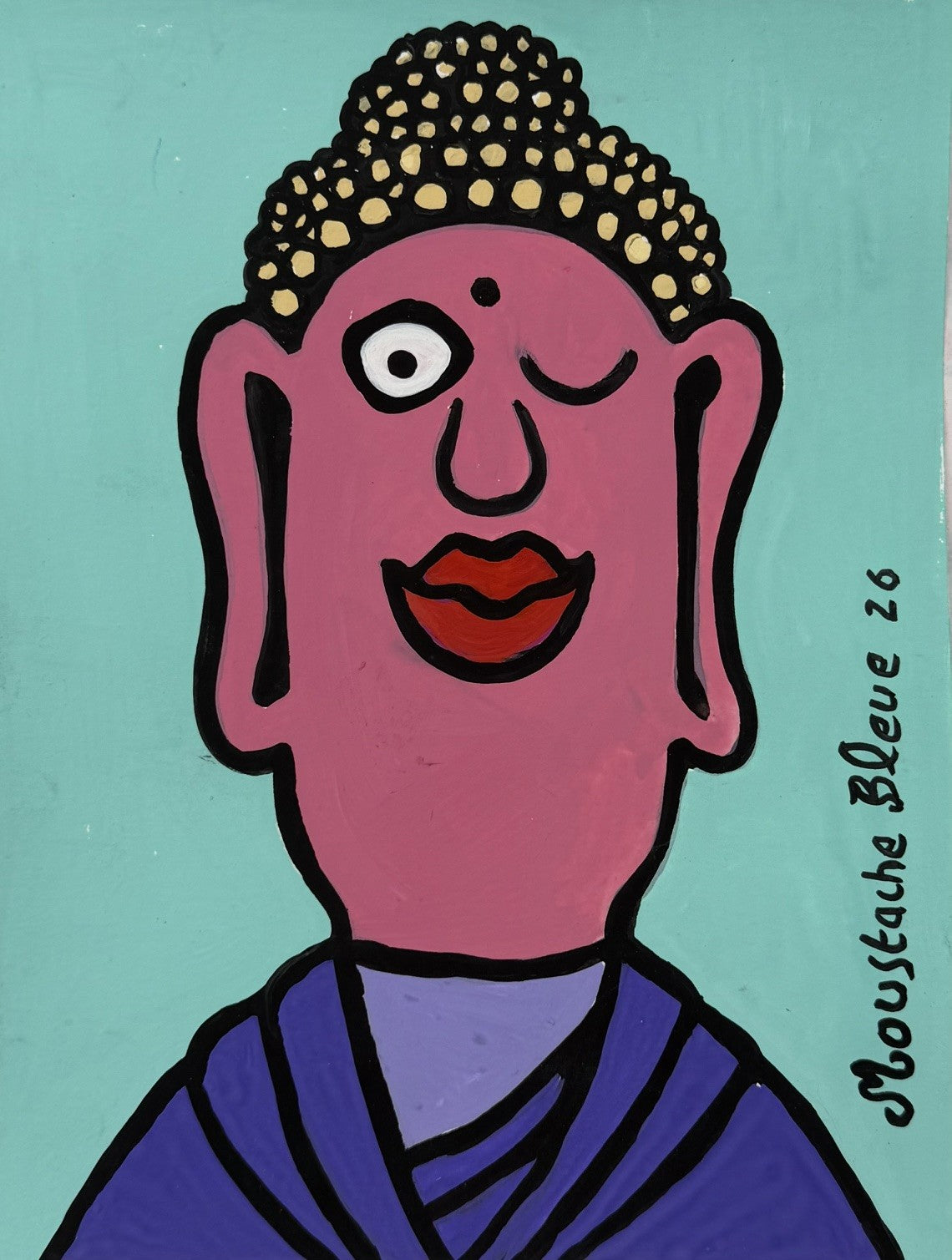 Dessin Be zen de Moustache Bleue, acrylique sur papier en vert, petit format 16 x 21 cm