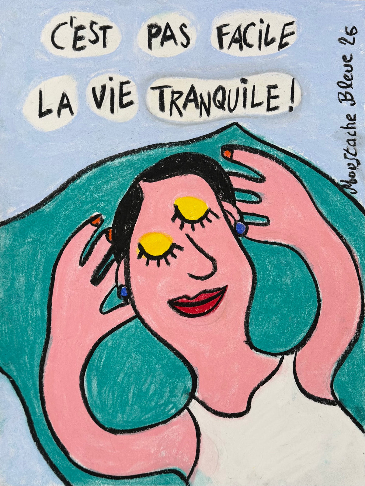 Dessin au pastel sur papier de Moustache Bleue, La vie tranquille, petit format 30 x 40 cm, tons verts, style illustration