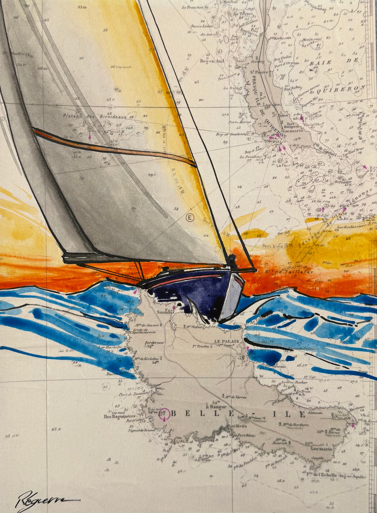 Dessin à l'encre de Chine et aquarelle sur papier représentant un paysage maritime de Belle Île, par Cyril Reguerre