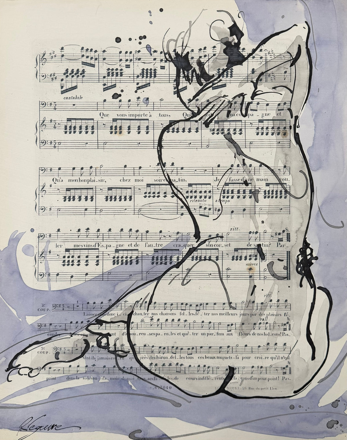 dessin au lavis aquarelle et encre de Chine représentant un nu, petit format sur papier, signé Cyril Reguerre