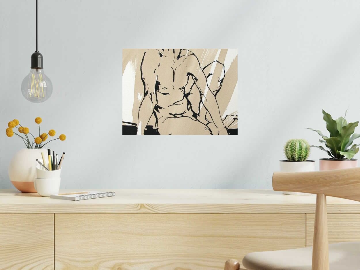 Dessin HOMME NU ASSIS de CYRIL REGUERRE dans un intérieur – 30 × 40 cm
