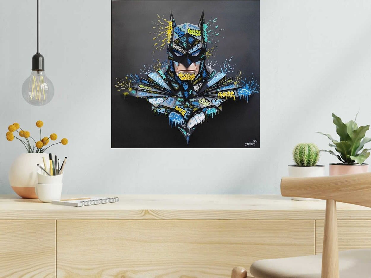 Digigraphie Batman Origami de BLACH dans un intérieur – 50 × 50 cm