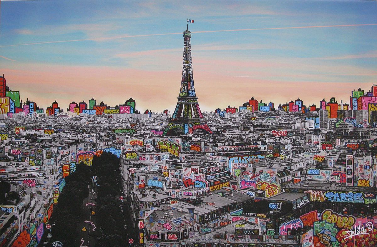 Digigraphie graffiti moyen format Paris panoramique à l'aube – BLACH – 90 × 60 cm