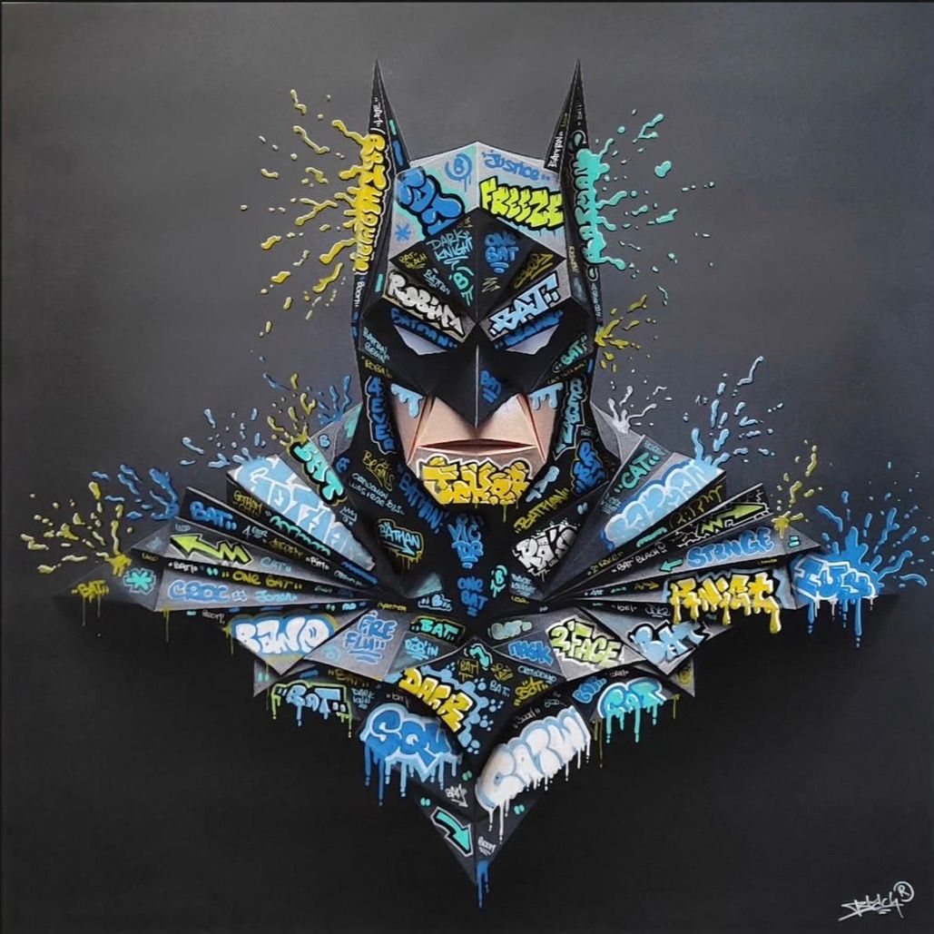 Digigraphie graffiti moyen format bleu et noir Batman Origami – BLACH – 50 × 50 cm