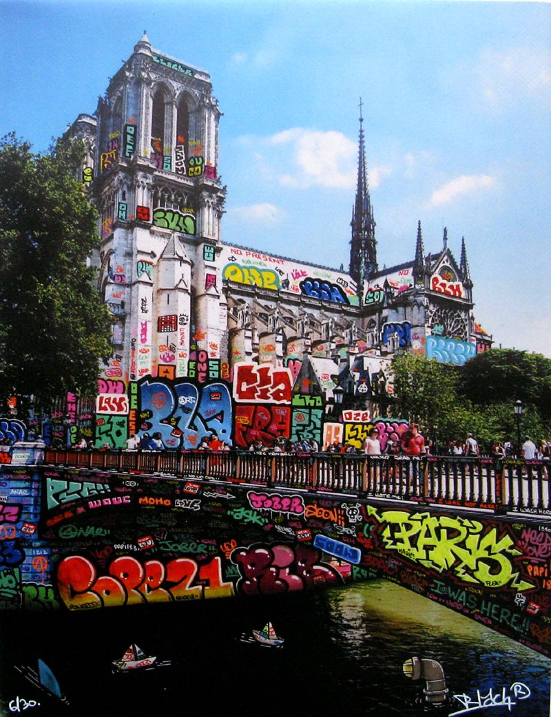 Digigraphie graffiti petit format Paris Notre Dame Pont du Double – BLACH – 30 × 40 cm