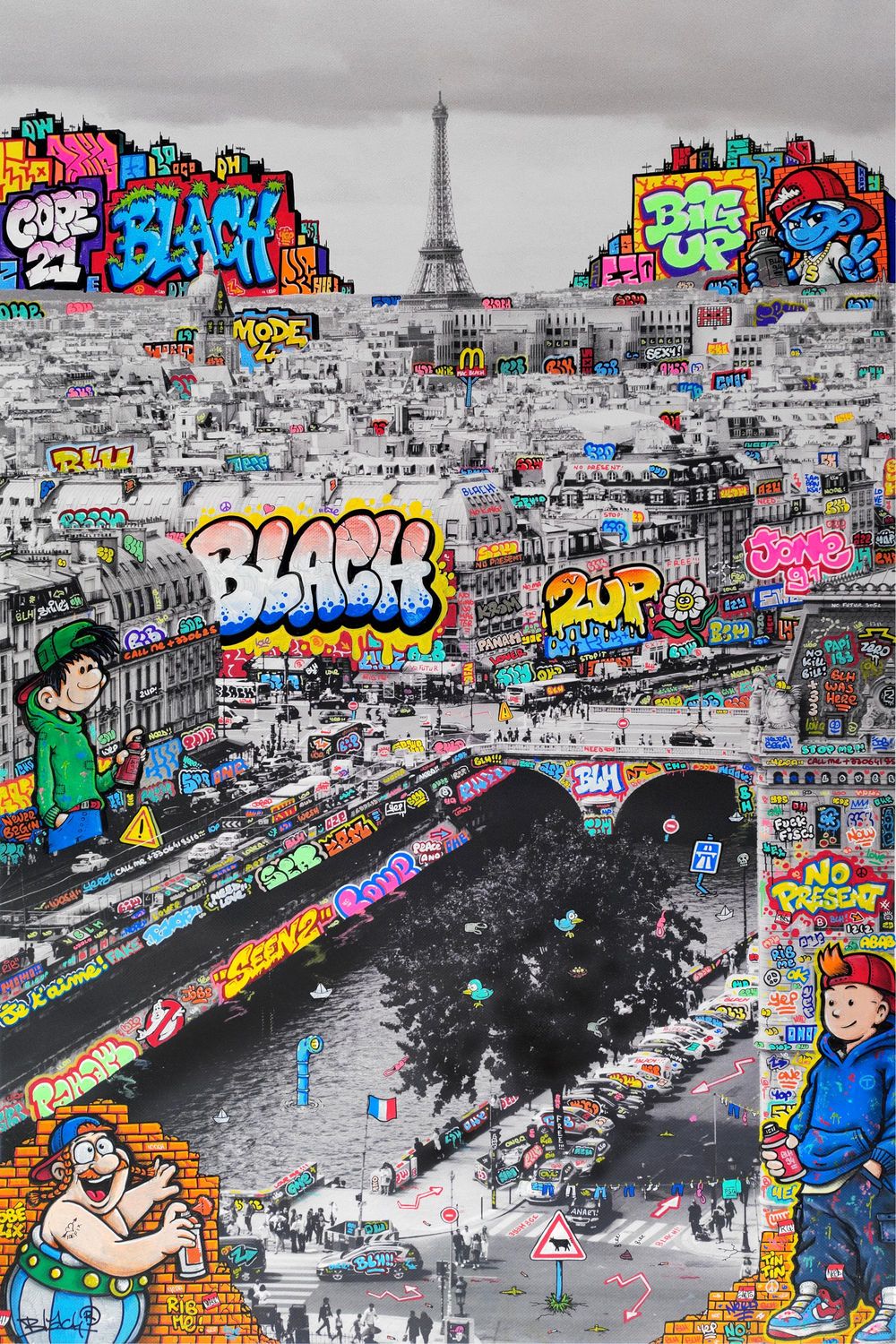 Digigraphie street art moyen format blanc et noir Paris Bande déssinée Vertical XL – BLACH – 90 × 60 cm