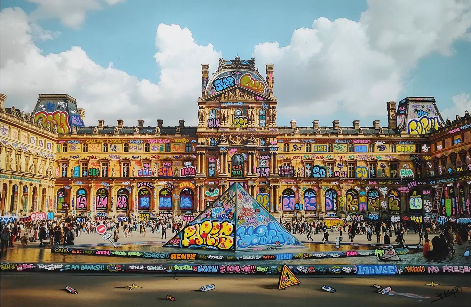 Digigraphie street art moyen format jaune Cambriolage et Coloriage au Louvre – BLACH – 75 × 50 cm