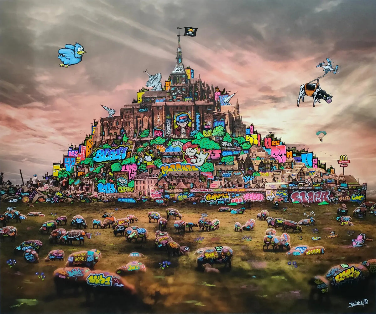 Digigraphie street art moyen format marron et rose Mont Saint Michel Apocalypse 3054 – BLACH – 80 × 60 cm