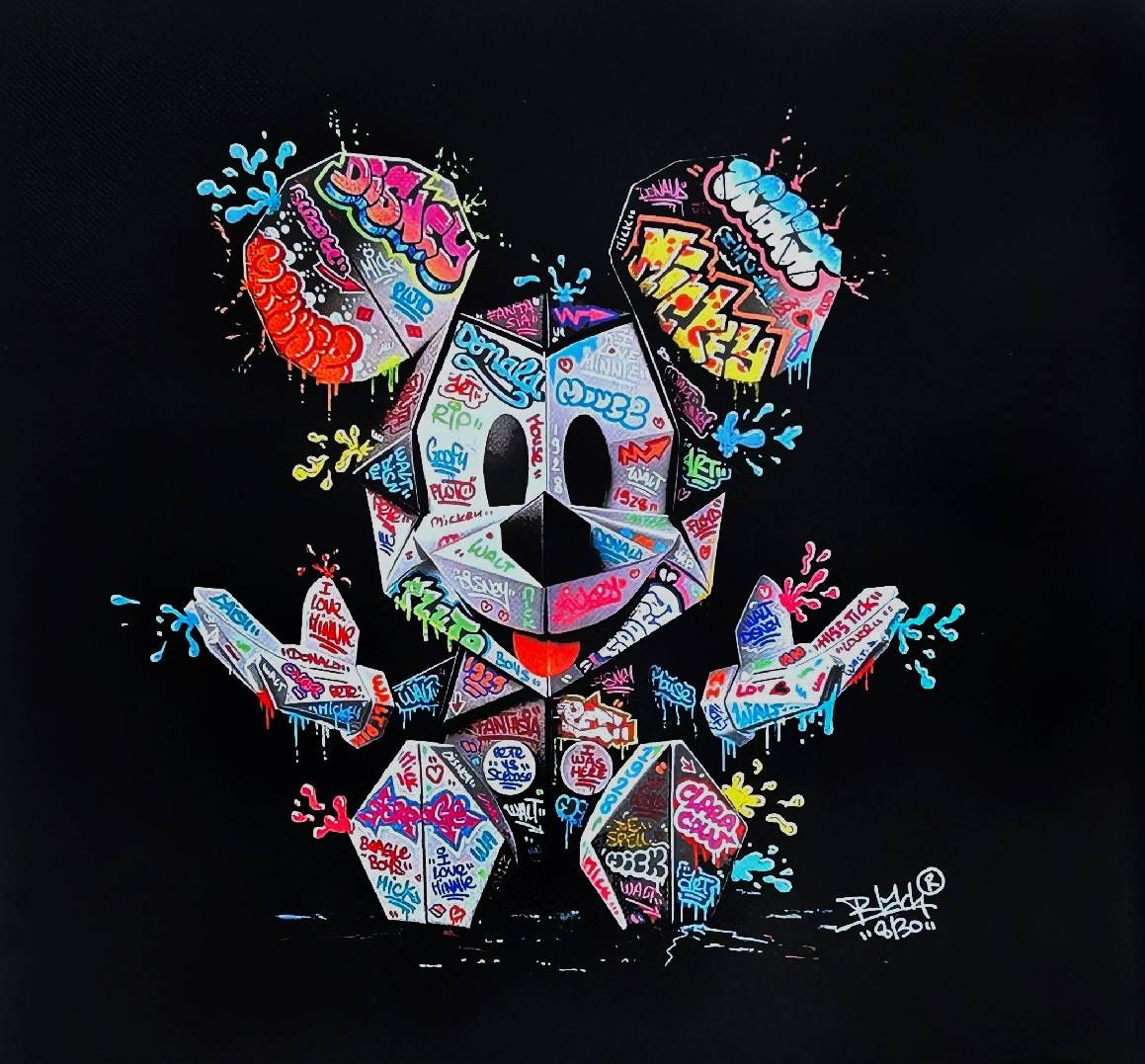 Digigraphie street art petit format blanc et noir Mickey Origami – BLACH – 40 × 40 cm