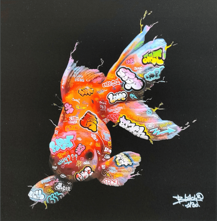 Digigraphie street art petit format noir et rouge Poisson Rouge – BLACH – 40 × 40 cm