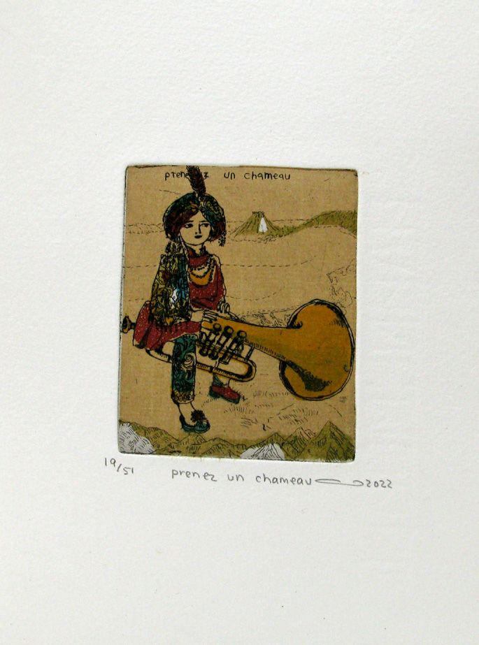 edition d art gravure multicolore petit format de Atsuko Ishii intitulée prenez un chameau