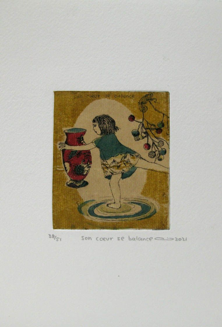edition d art gravure illustration multi couleurs petit format 15x21 cm - Atsuko Ishii, Son coeur se balance