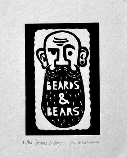 edition d art gravure illustration humour de Philippe Achermann, Beards & Bears, 18 x 24 cm