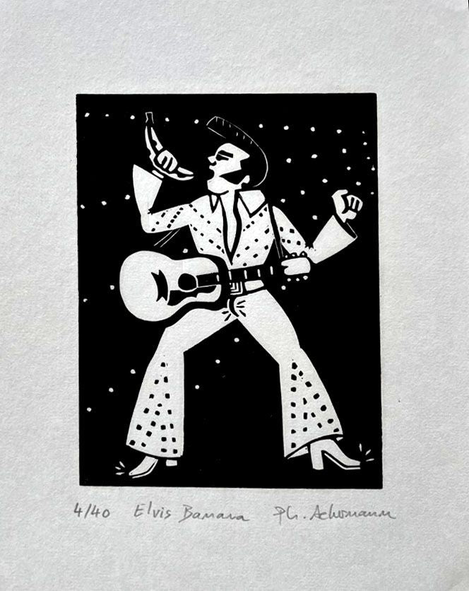 edition d art linogravure Elvis Banana petit format de Philippe Achermann