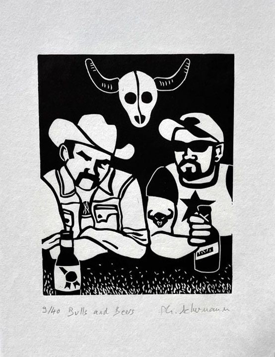 edition d art gravure sur papier Bulls and Beers de Philippe Achermann, petit format 18 x 24 cm