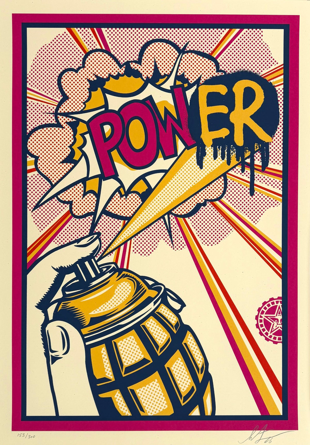 edition d art sérigraphie sur papier bleu et rose de Shepard Fairey intitulée Power, 42 x 60 cm