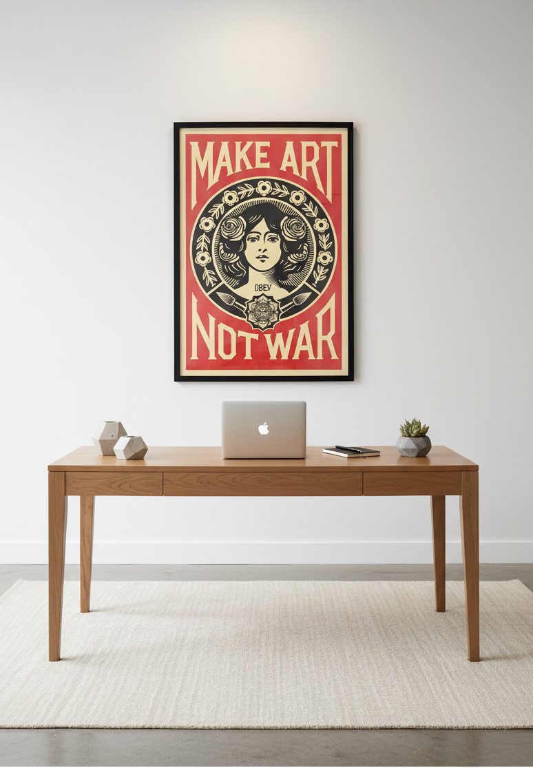 Editions d art MAKE ART NOT WAR de OBEY : SHEPARD FAIREY dans un intérieur – 61 × 92 cm