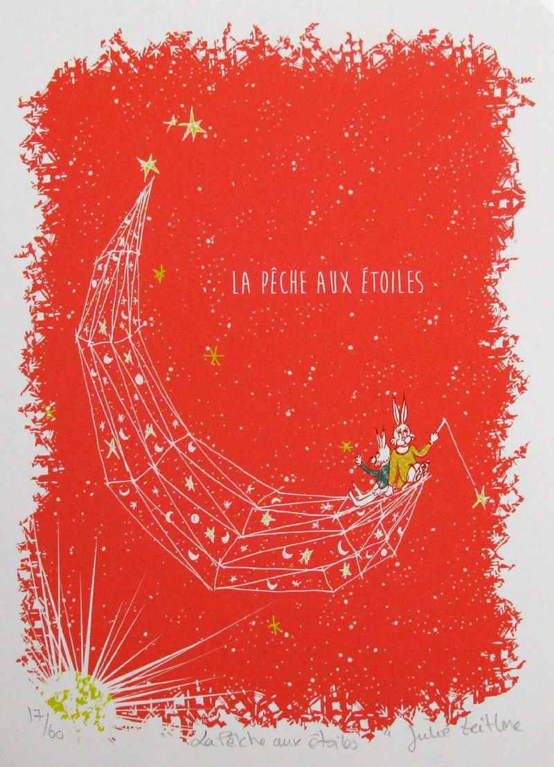 Estampe abstrait petit format orange LA PECHE AUX ETOILES (PECHE) – JULIE ZEITLINE – 21 × 15 cm