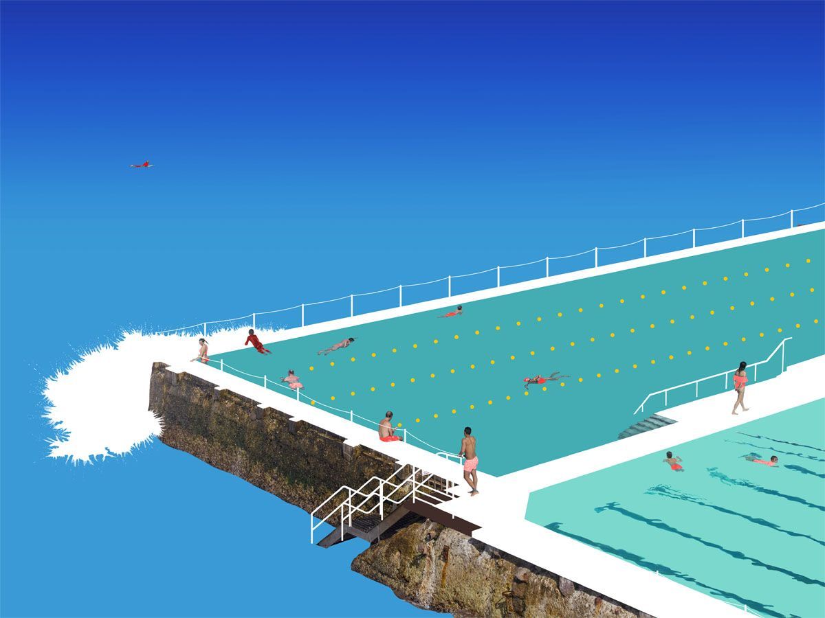 Estampe figuratif moyen format bleu LA PISCINE DE BONDI BEACH – GILLES INVERNIZZI – 70 × 50 cm