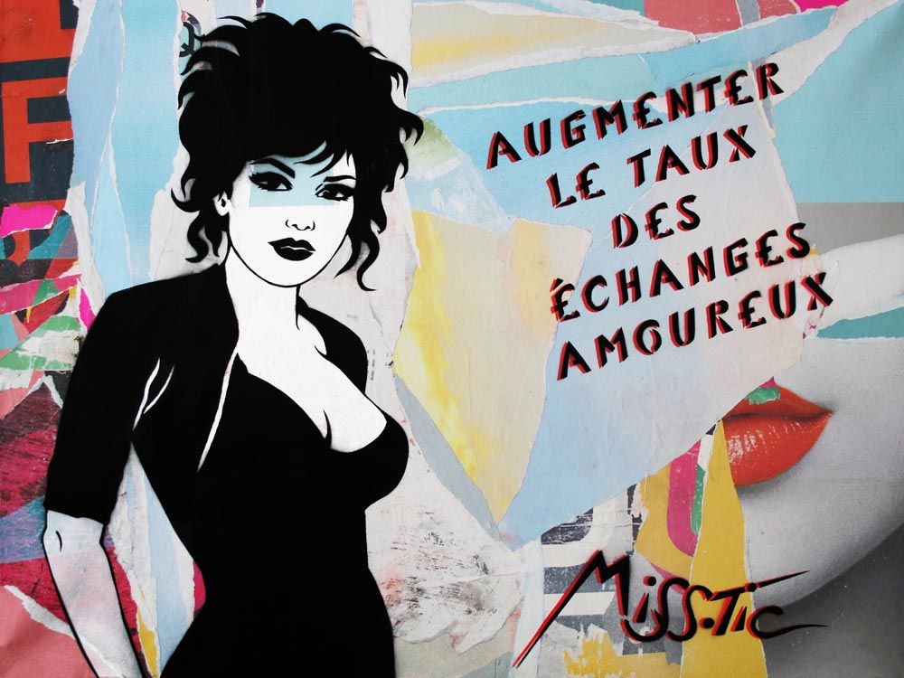 Estampe figuratif moyen format AUGMENTER LE TAUX DES ECHANGES AMOUREUX – MISS TIC – 65 × 50 cm