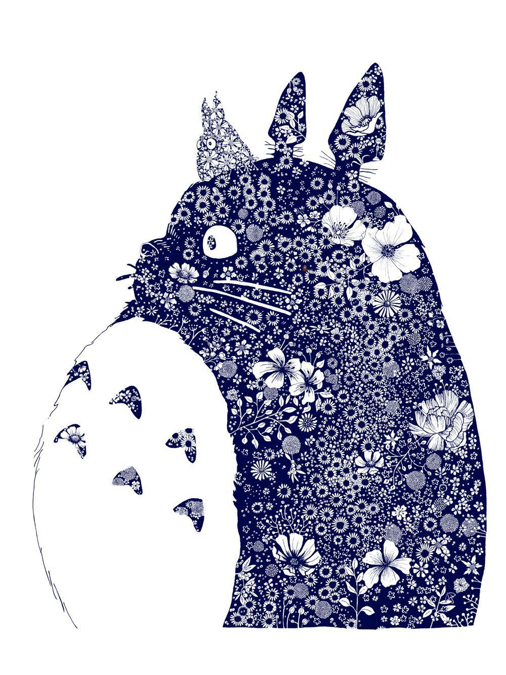 Estampe figuratif petit format blanc et bleu TOTORO EN FLEURS BLEUES – CAMILLE POLI – 30 × 40 cm
