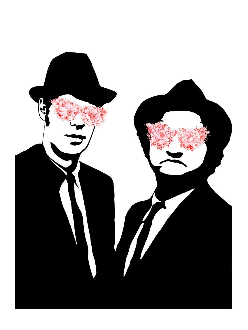 Estampe figuratif petit format blanc et noir BLUES BROTHERS – CAMILLE POLI – 30 × 40 cm