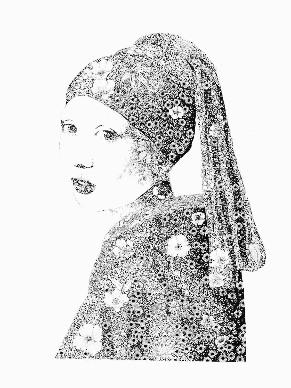 Estampe figuratif petit format blanc et noir JEUNE FILLE AUX FLEURS – CAMILLE POLI – 40 × 30 cm