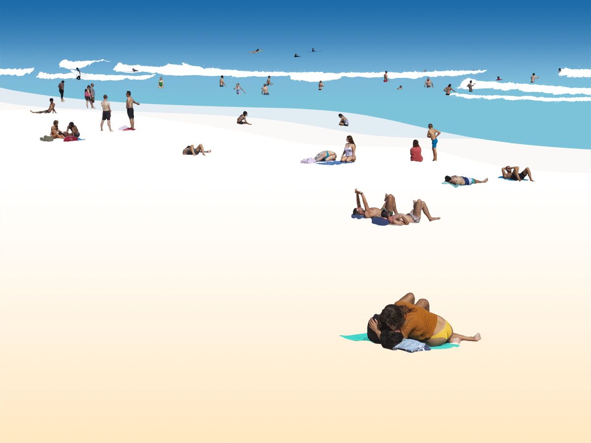 Estampe figuratif petit format bleu AMOUREUX A BONDI BEACH – GILLES INVERNIZZI – 30 × 40 cm