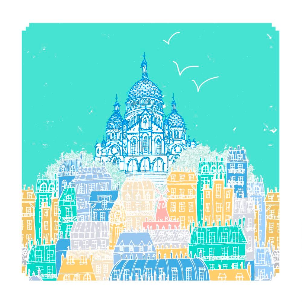 Estampe figuratif petit format bleu Dans les rues de Montmartre – JULIE ZEITLINE – 20 × 20 cm