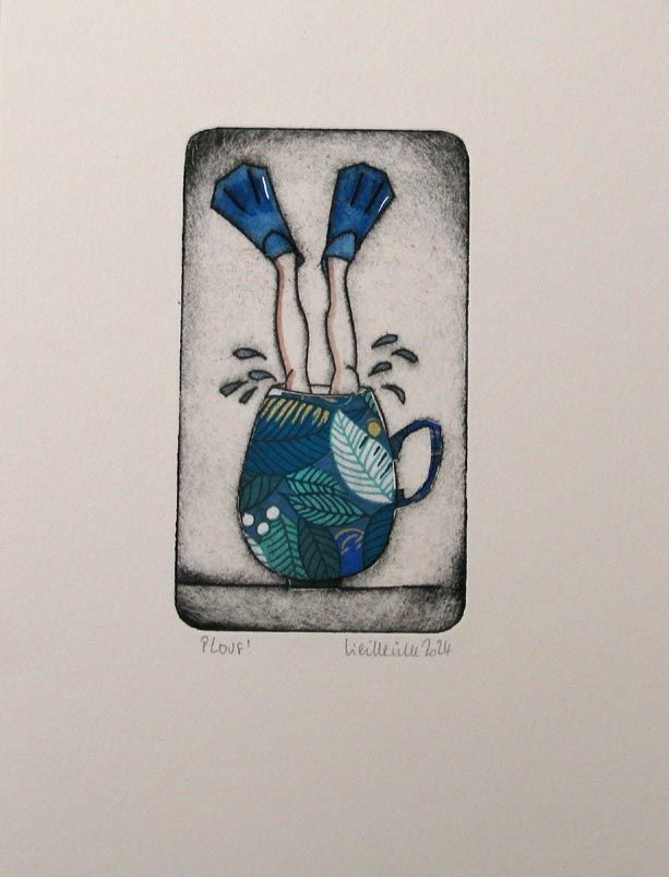 Estampe figuratif petit format bleu et noir Plouf! – NAVIEILLEVILLE – 15 × 20 cm