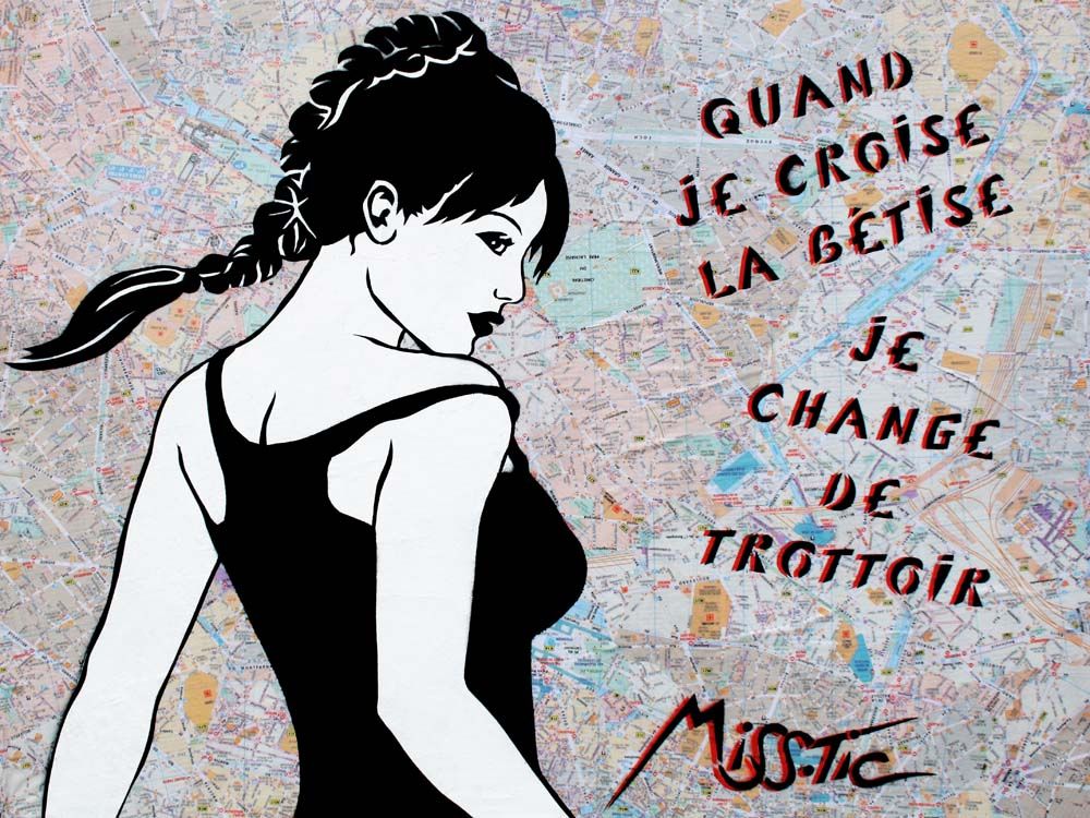 Estampe figuratif petit format bleu et rose QUAND JE CROISE LA BETISE – MISS TIC – 40 × 30 cm